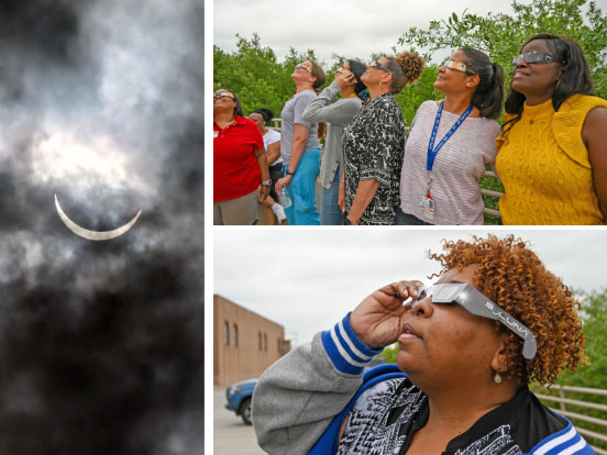  This is a collage of photos of people watching the eclipse